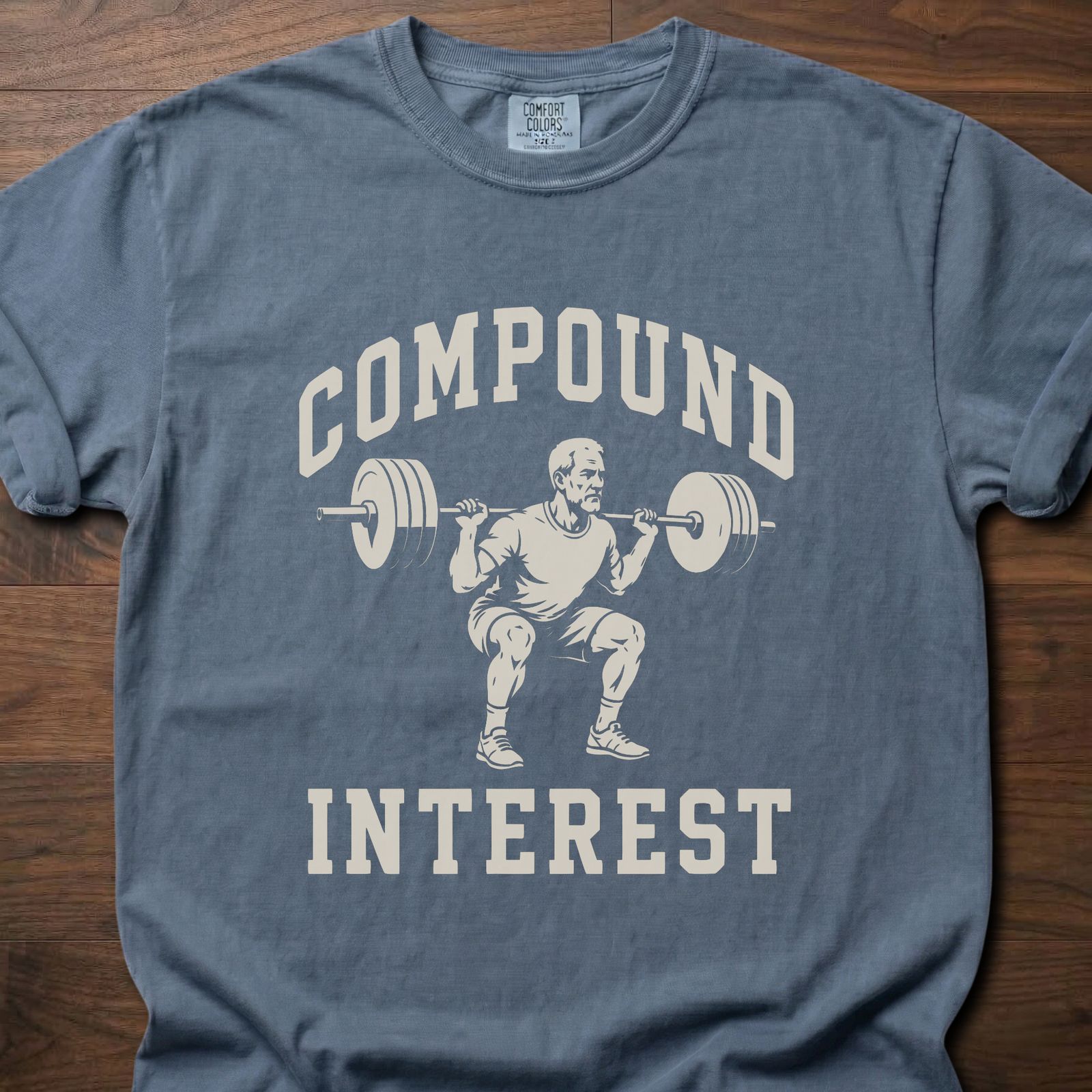 Compound Interest strength training t-shirt with weightlifter performing squat graphic – Blue Jean