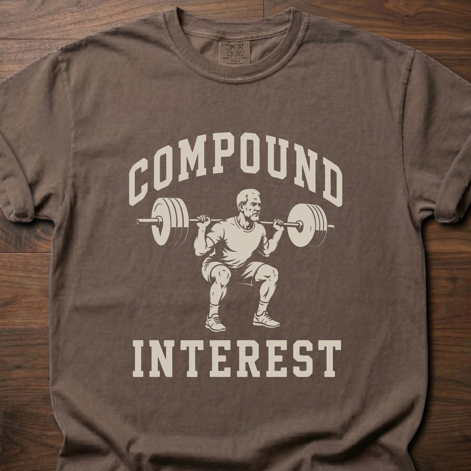 Compound Interest strength training t-shirt with weightlifter performing squat graphic – Espresso