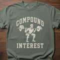 Compound Interest strength training t-shirt with weightlifter performing squat graphic – Moss