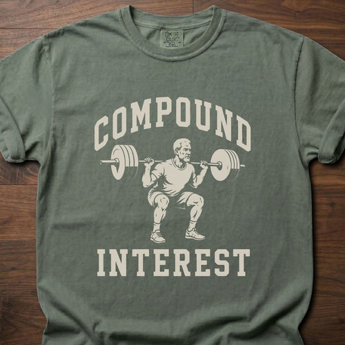 Compound Interest strength training t-shirt with weightlifter performing squat graphic – Moss