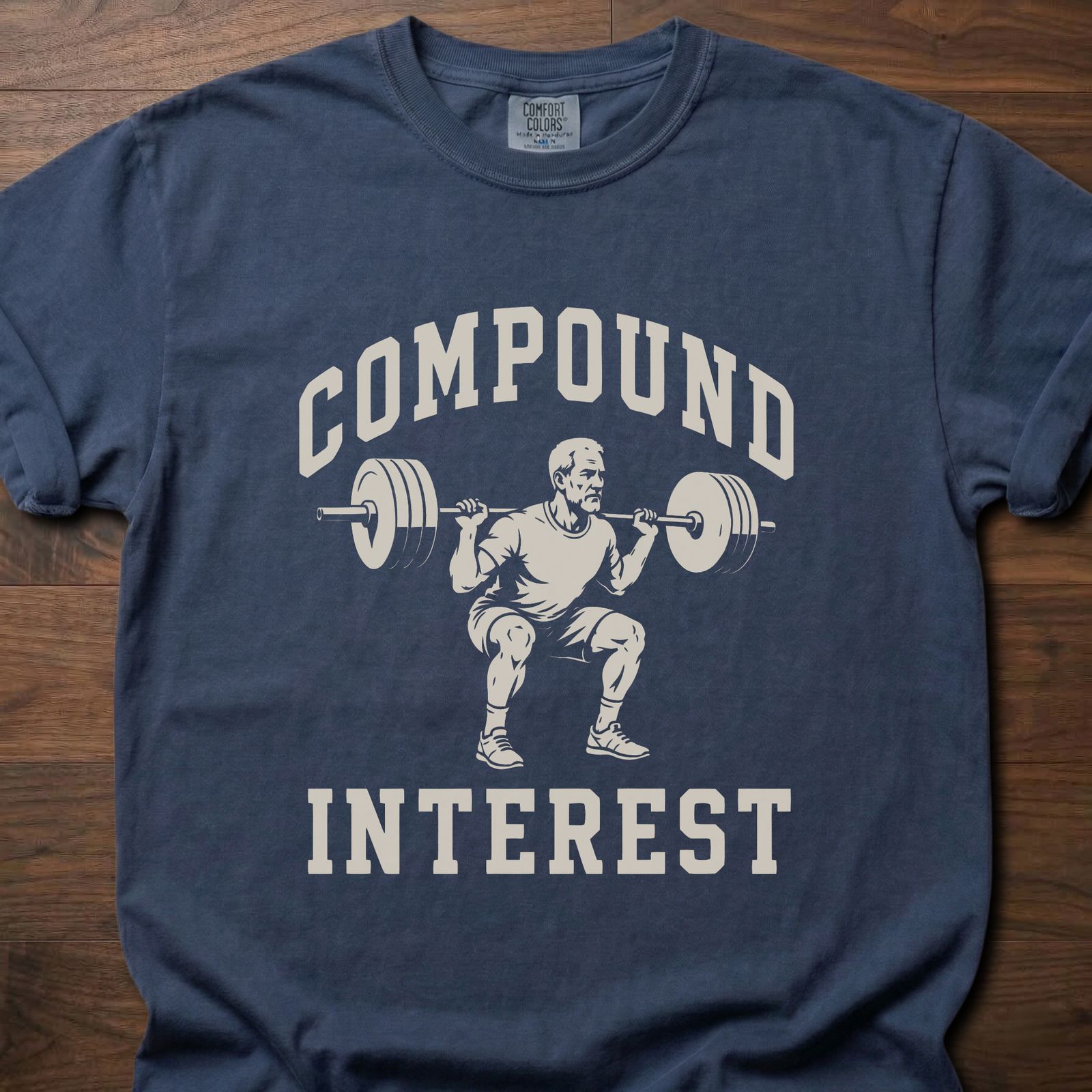 Compound Interest strength training t-shirt with weightlifter performing squat graphic – Navy