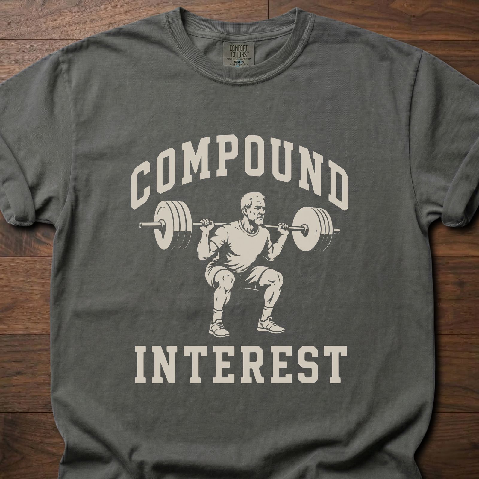 Compound Interest strength training t-shirt with weightlifter performing squat graphic – Pepper