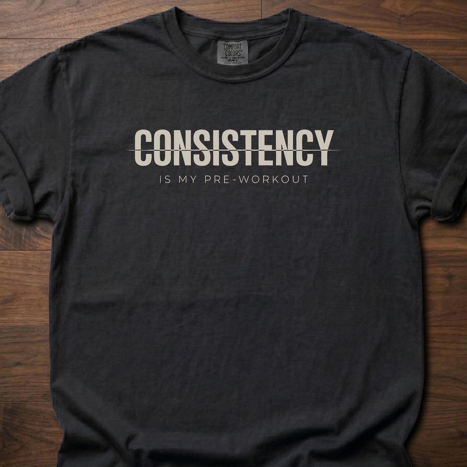 Consistency fitness lifestyle t-shirt with bold text and pre-workout message – Black