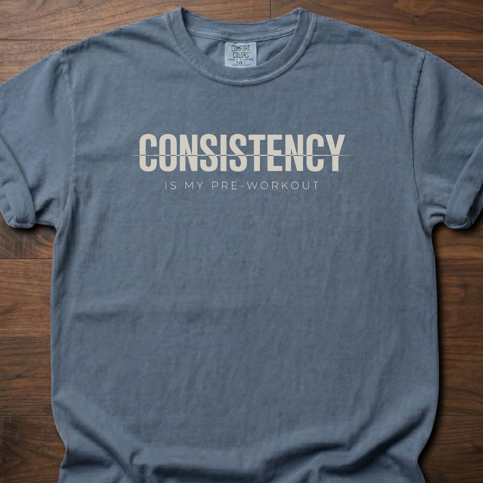 Consistency fitness lifestyle t-shirt with bold text and pre-workout message – Blue Jean