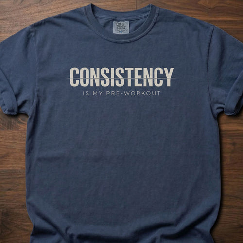 Consistency fitness lifestyle t-shirt with bold text and pre-workout message – Navy