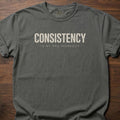 Consistency fitness lifestyle t-shirt with bold text and pre-workout message – Pepper