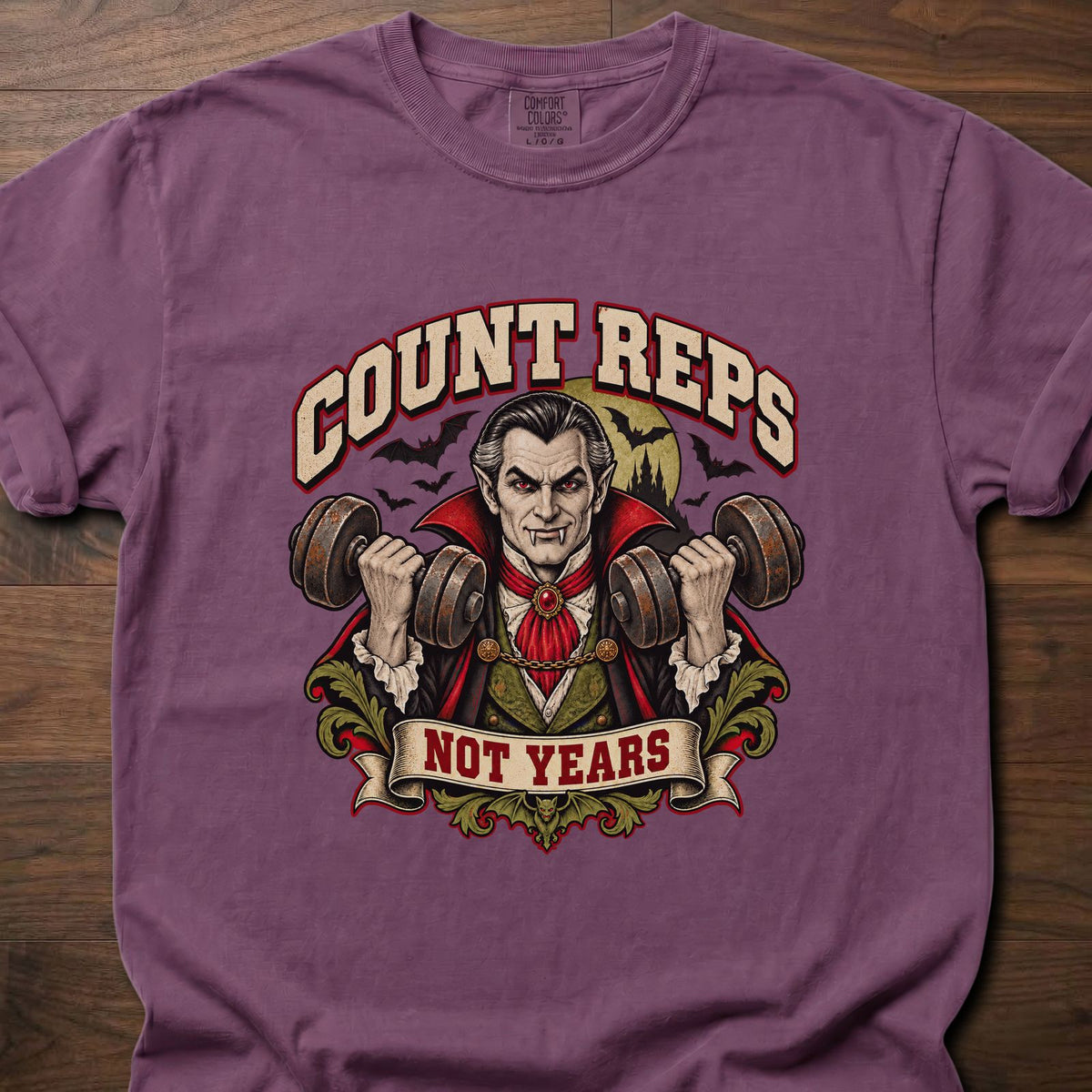 Count Reps funny gym shirt with vintage gothic strength graphic – Berry