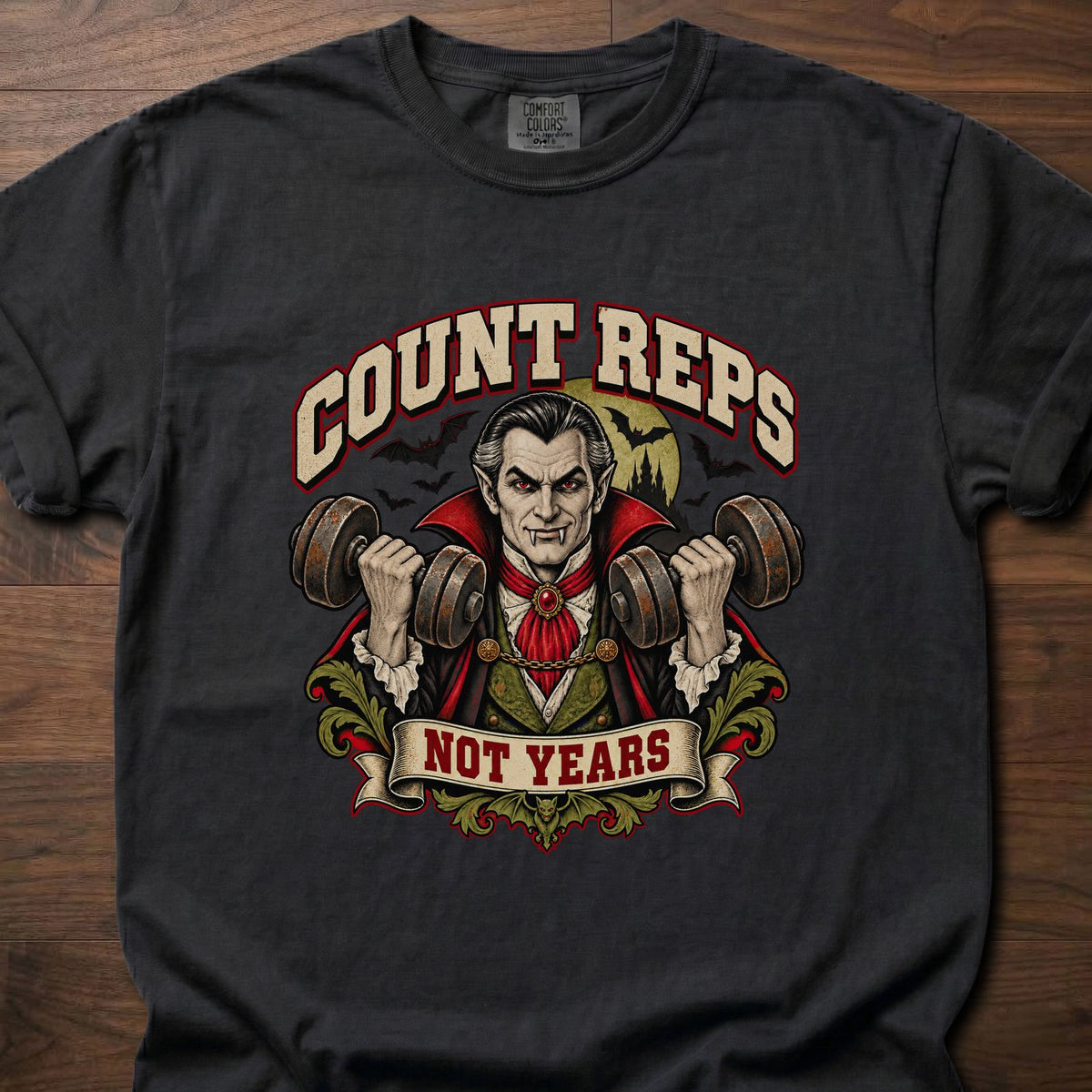 Count Reps funny gym shirt with vintage gothic strength graphic – Black