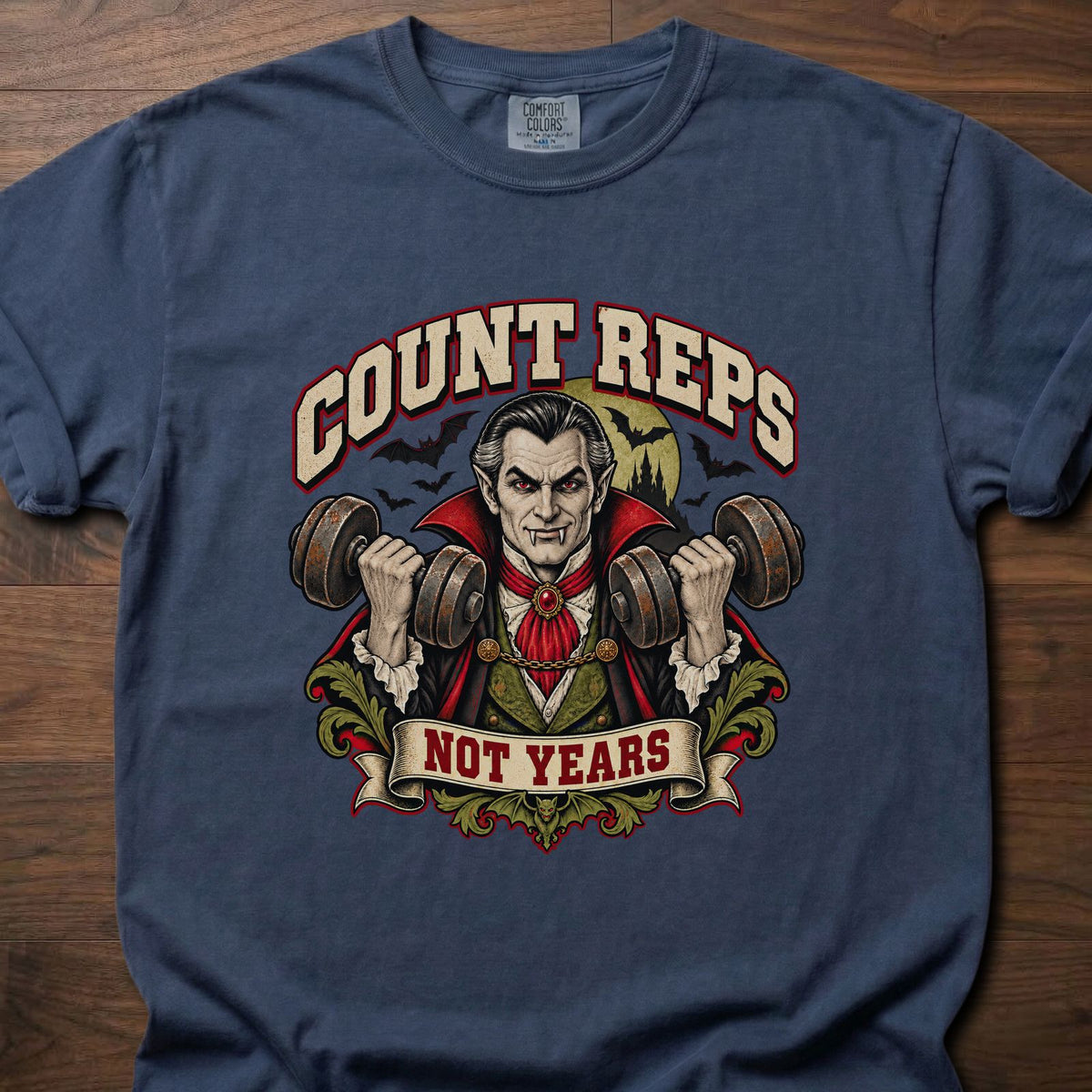Count Reps funny gym shirt with vintage gothic strength graphic – Navy