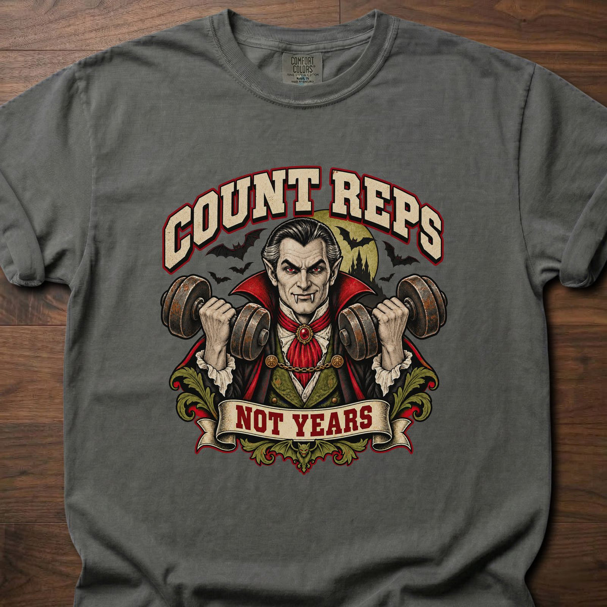Count Reps funny gym shirt with vintage gothic strength graphic – Pepper