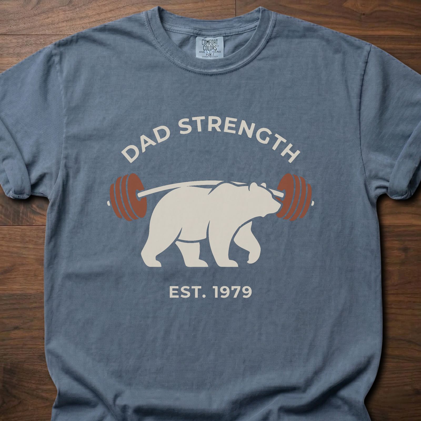 Dad Strength strength training lifestyle clothing featuring polar bear lifting barbell design – Blue Jean
