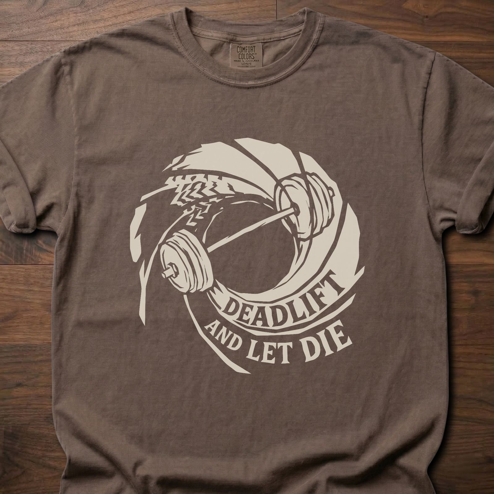 Deadlift And Let Die strength training t-shirt with barbell and circular badge design – Espresso