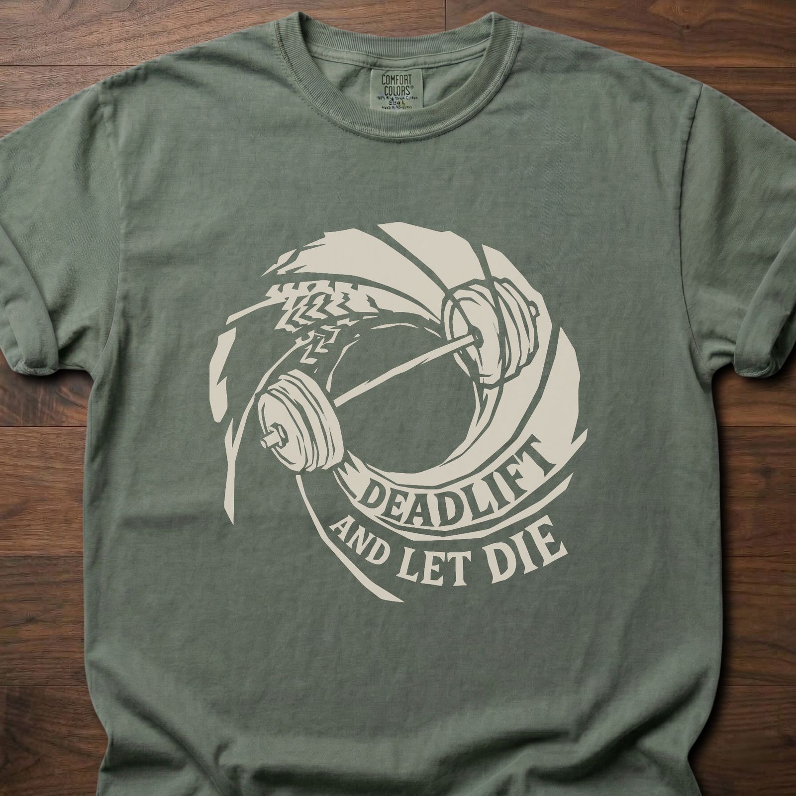 Deadlift And Let Die strength training t-shirt with barbell and circular badge design – Moss