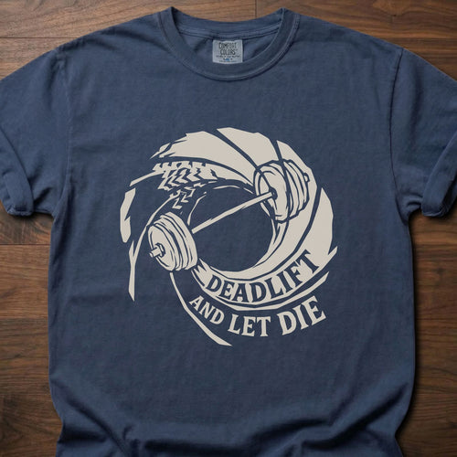 Deadlift And Let Die strength training t-shirt with barbell and circular badge design – Navy