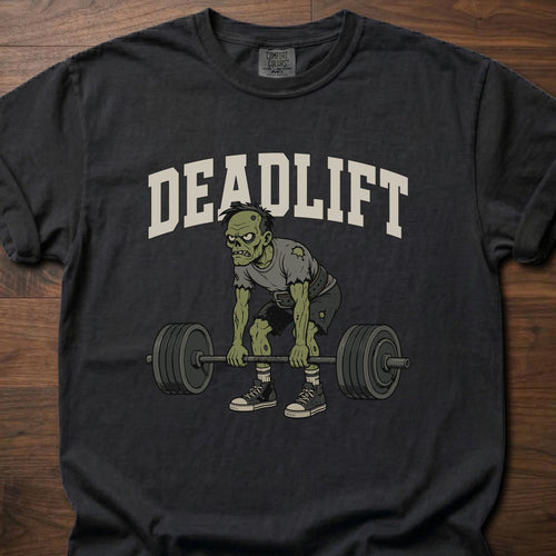 Deadlift strength training t-shirt featuring zombie lifter gripping barbell in athletic stance – Black