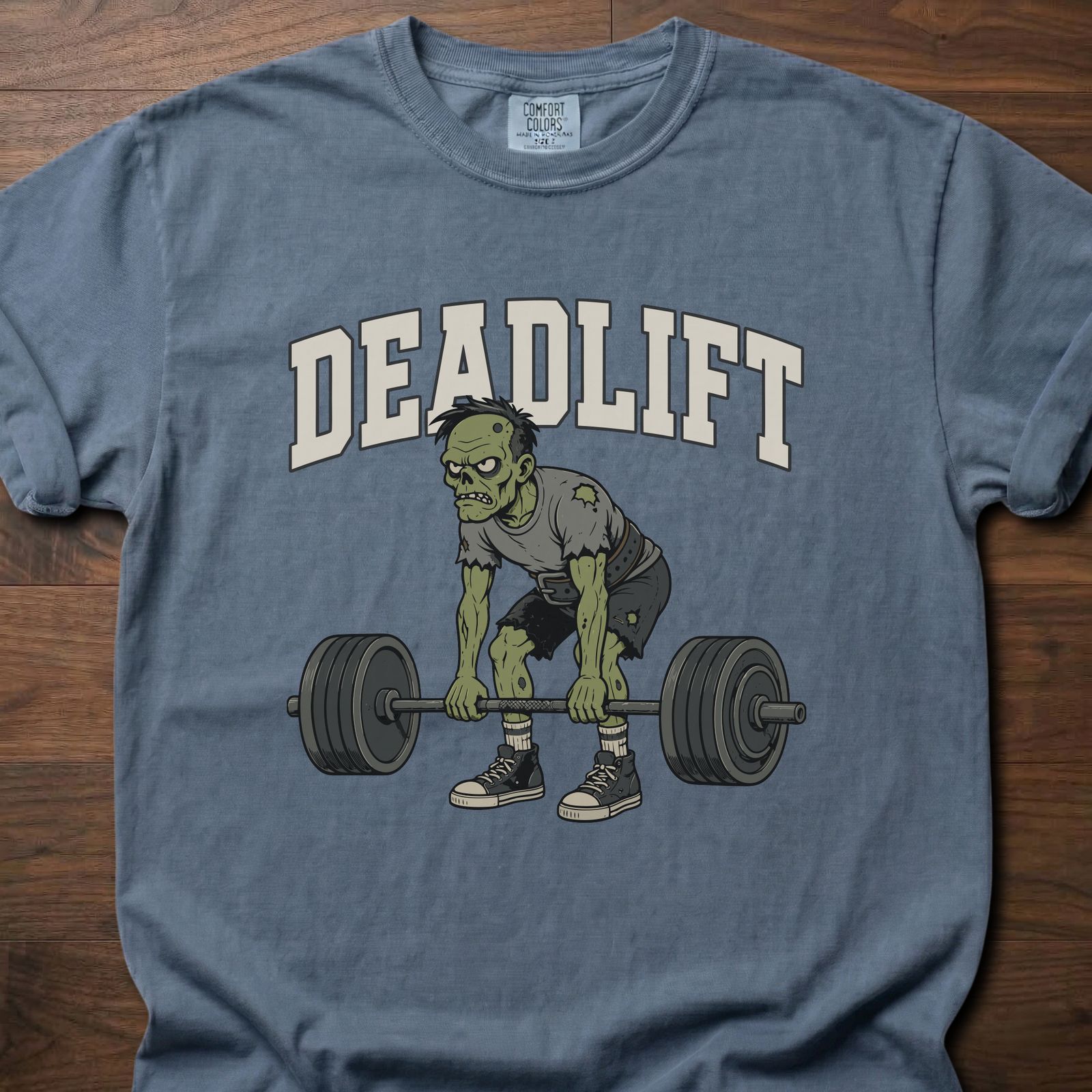 Deadlift strength training t-shirt featuring zombie lifter gripping barbell in athletic stance – Blue Jean