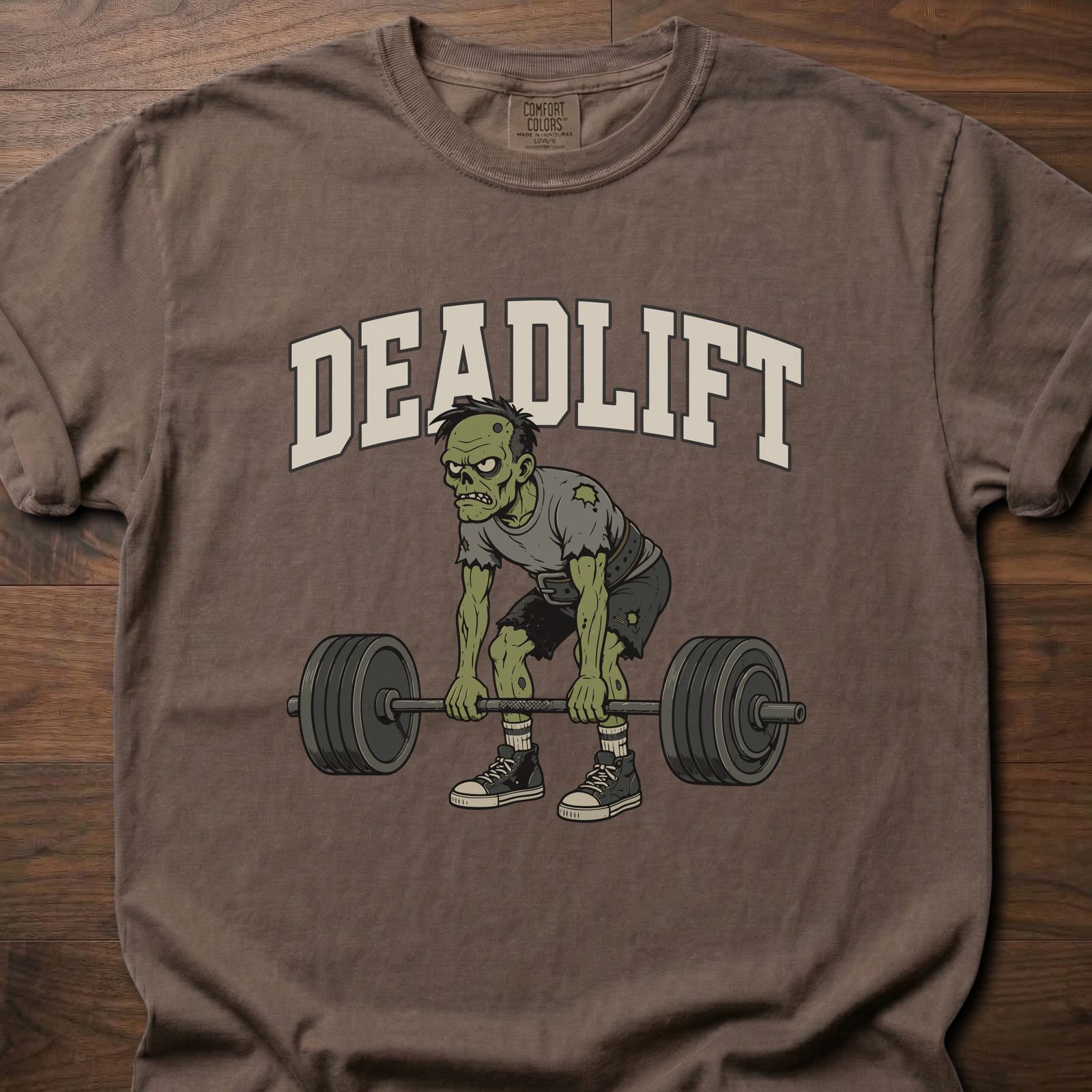 Deadlift strength training t-shirt featuring zombie lifter gripping barbell in athletic stance – Espresso