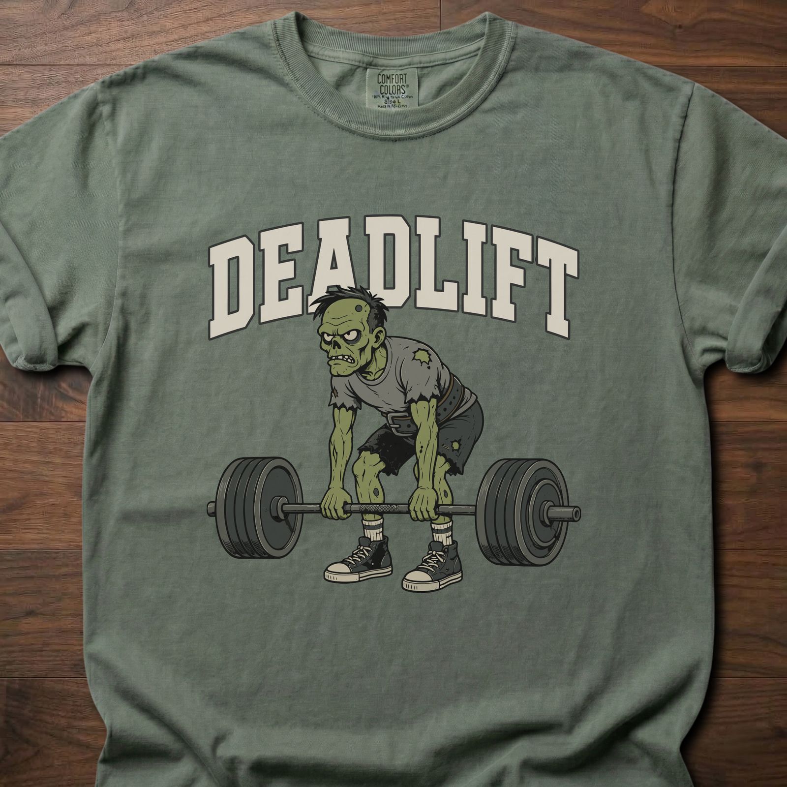 Deadlift strength training t-shirt featuring zombie lifter gripping barbell in athletic stance – Moss
