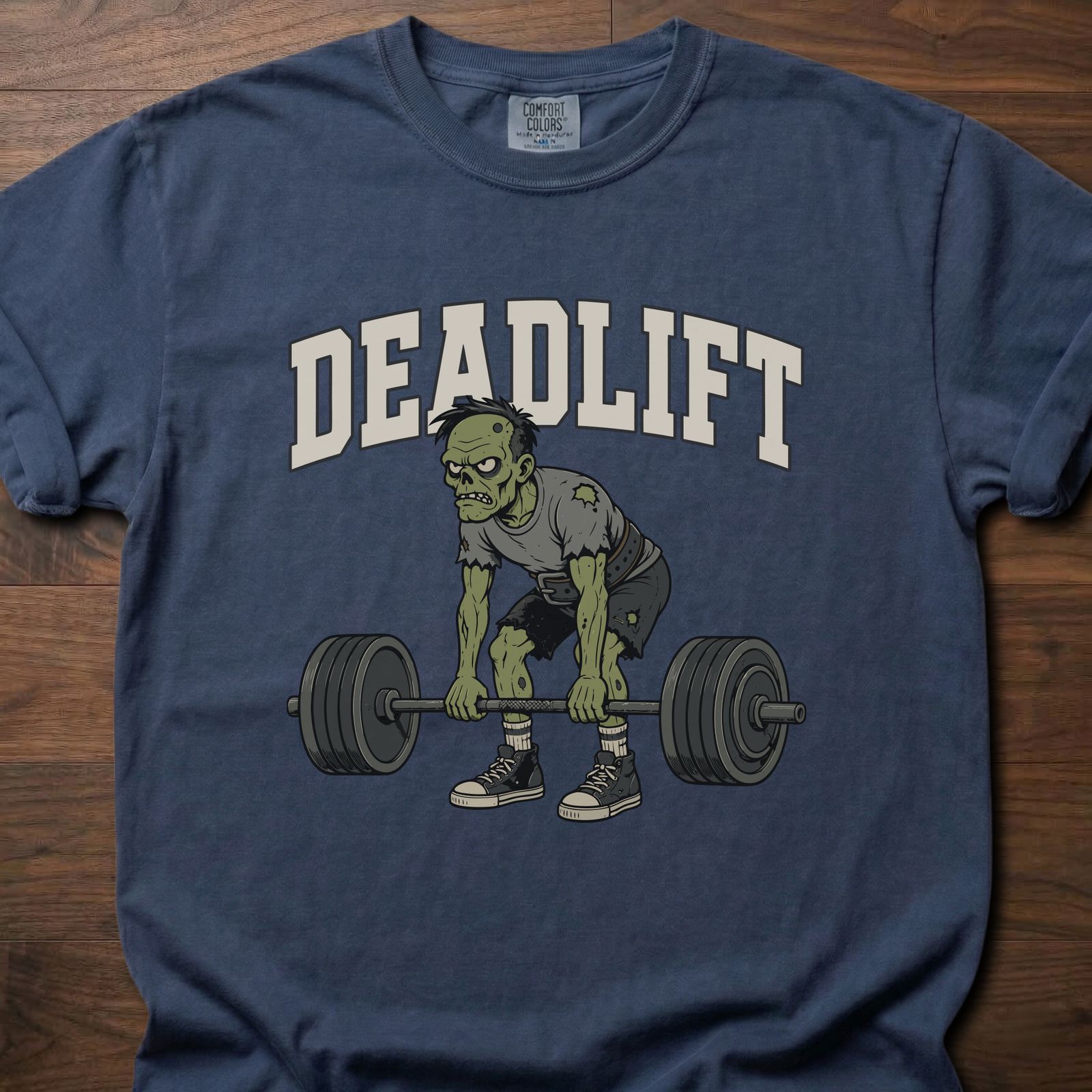 Deadlift strength training t-shirt featuring zombie lifter gripping barbell in athletic stance – Navy