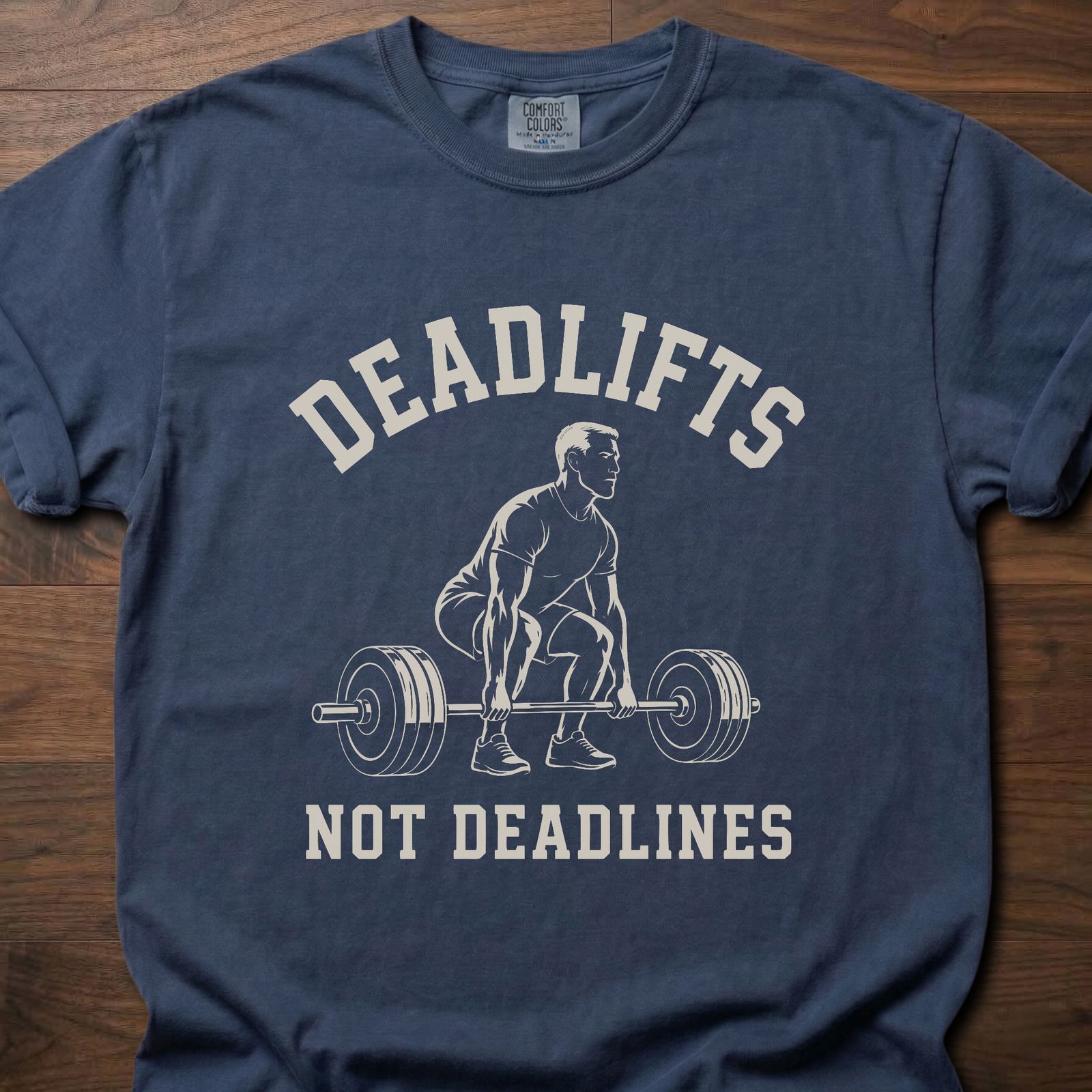Deadlifts Not Deadlines strength training clothing featuring weightlifter with loaded barbell graphic – Navy