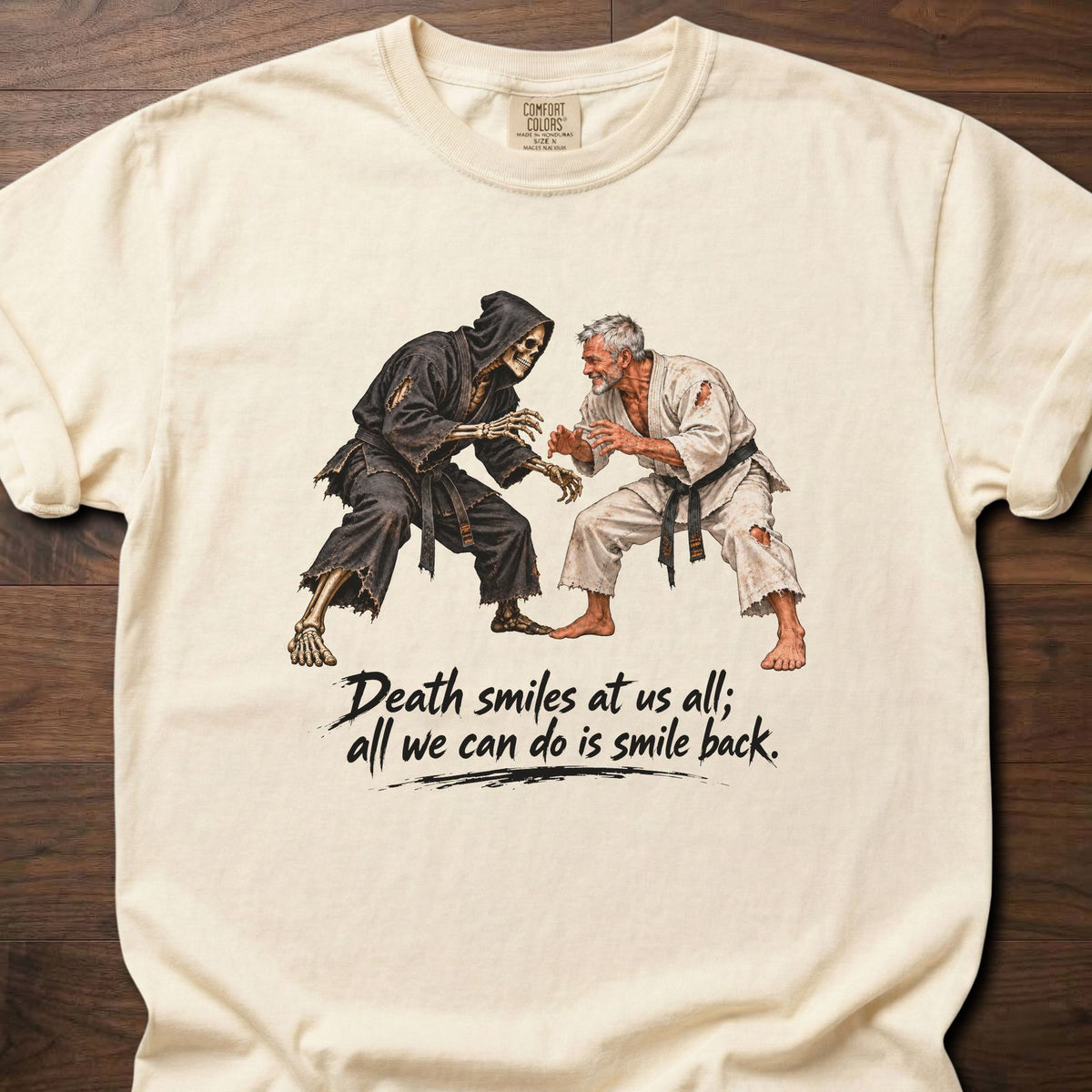Death Smiles fitness lifestyle apparel with dramatic vintage martial arts graphic – Ivory