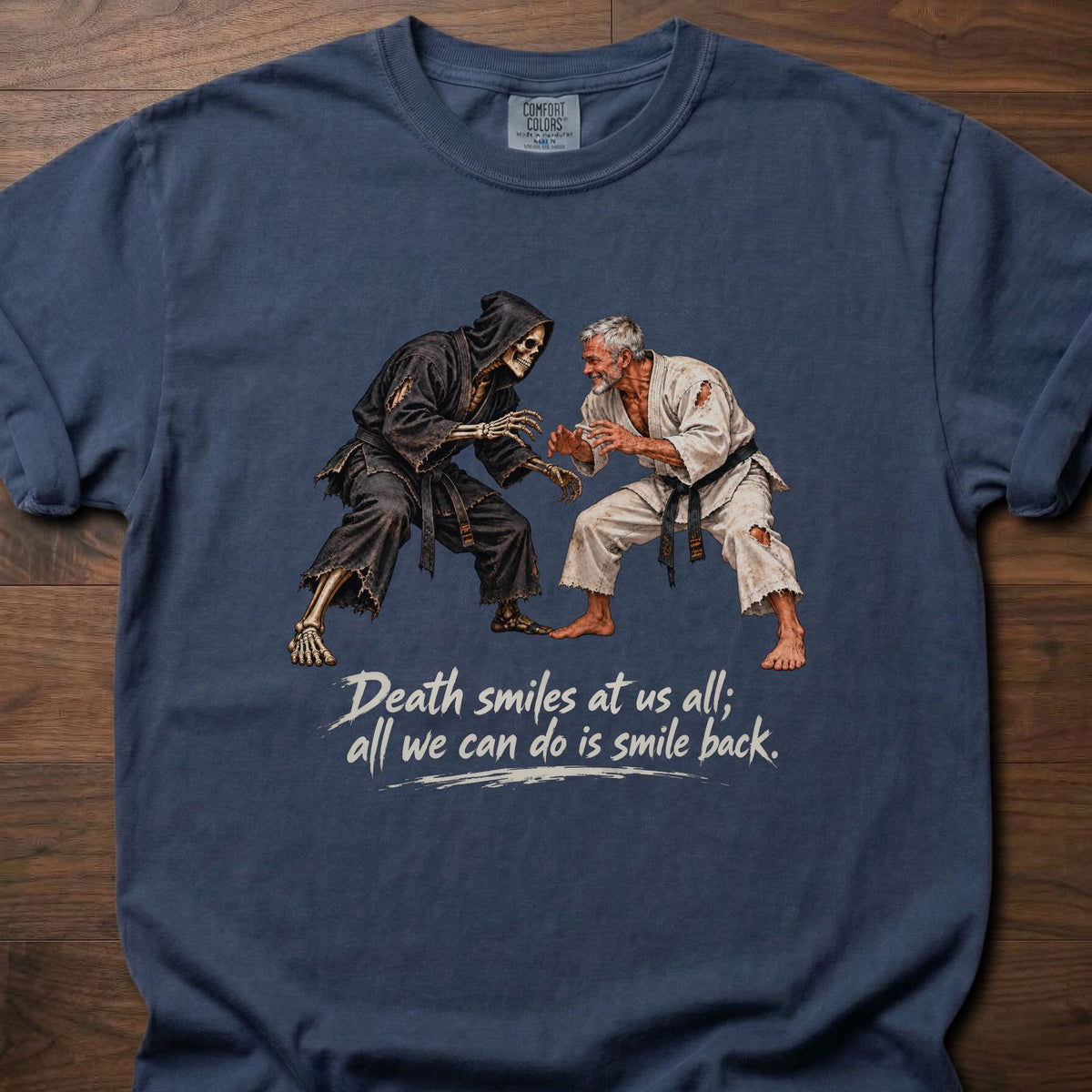 Death Smiles fitness lifestyle apparel with dramatic vintage martial arts graphic – Navy