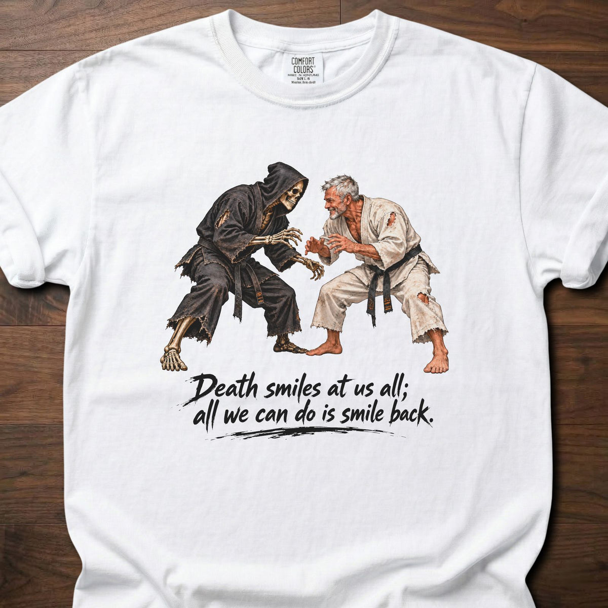 Death Smiles fitness lifestyle apparel with dramatic vintage martial arts graphic – White