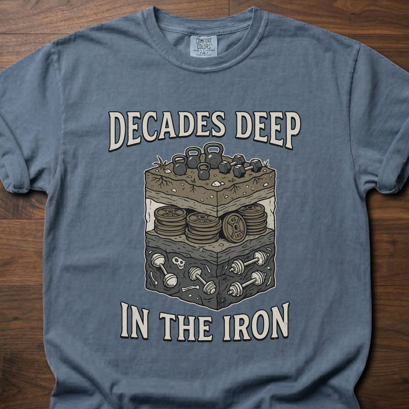 Decades Deep strength training clothing featuring layered cake design with weights and plates – Blue Jean