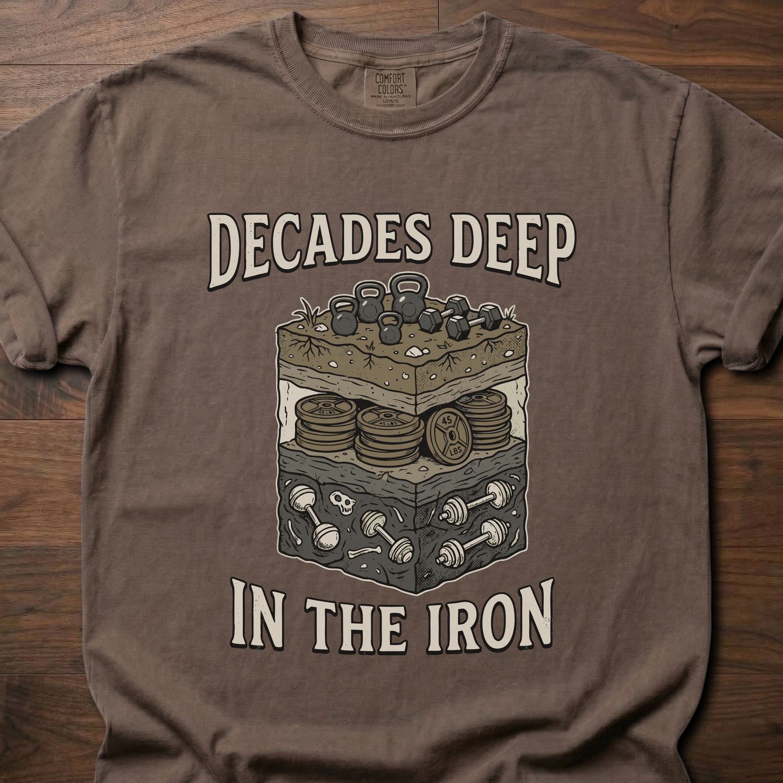 Decades Deep strength training clothing featuring layered cake design with weights and plates – Espresso