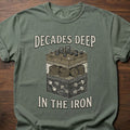 Decades Deep strength training clothing featuring layered cake design with weights and plates – Moss