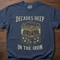 Decades Deep strength training clothing featuring layered cake design with weights and plates – Navy