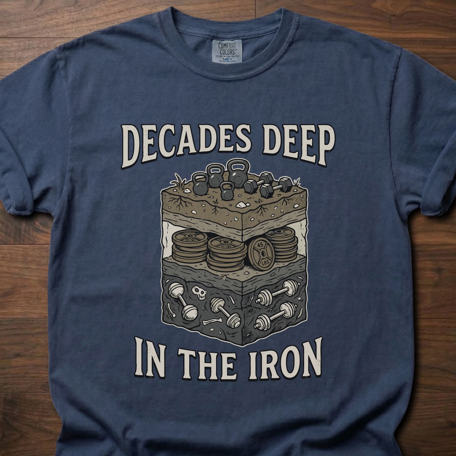 Decades Deep strength training clothing featuring layered cake design with weights and plates – Navy