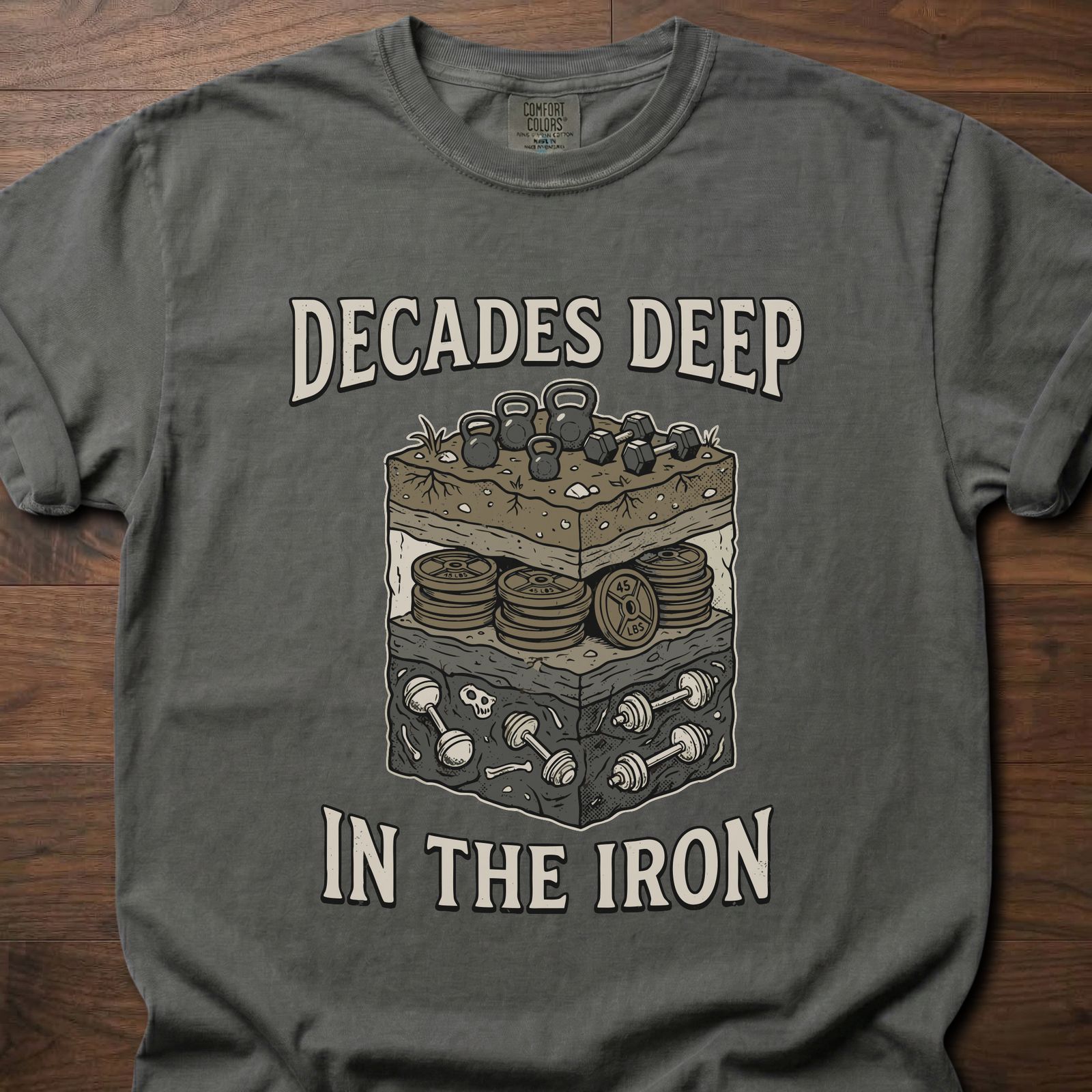 Decades Deep strength training clothing featuring layered cake design with weights and plates – Pepper