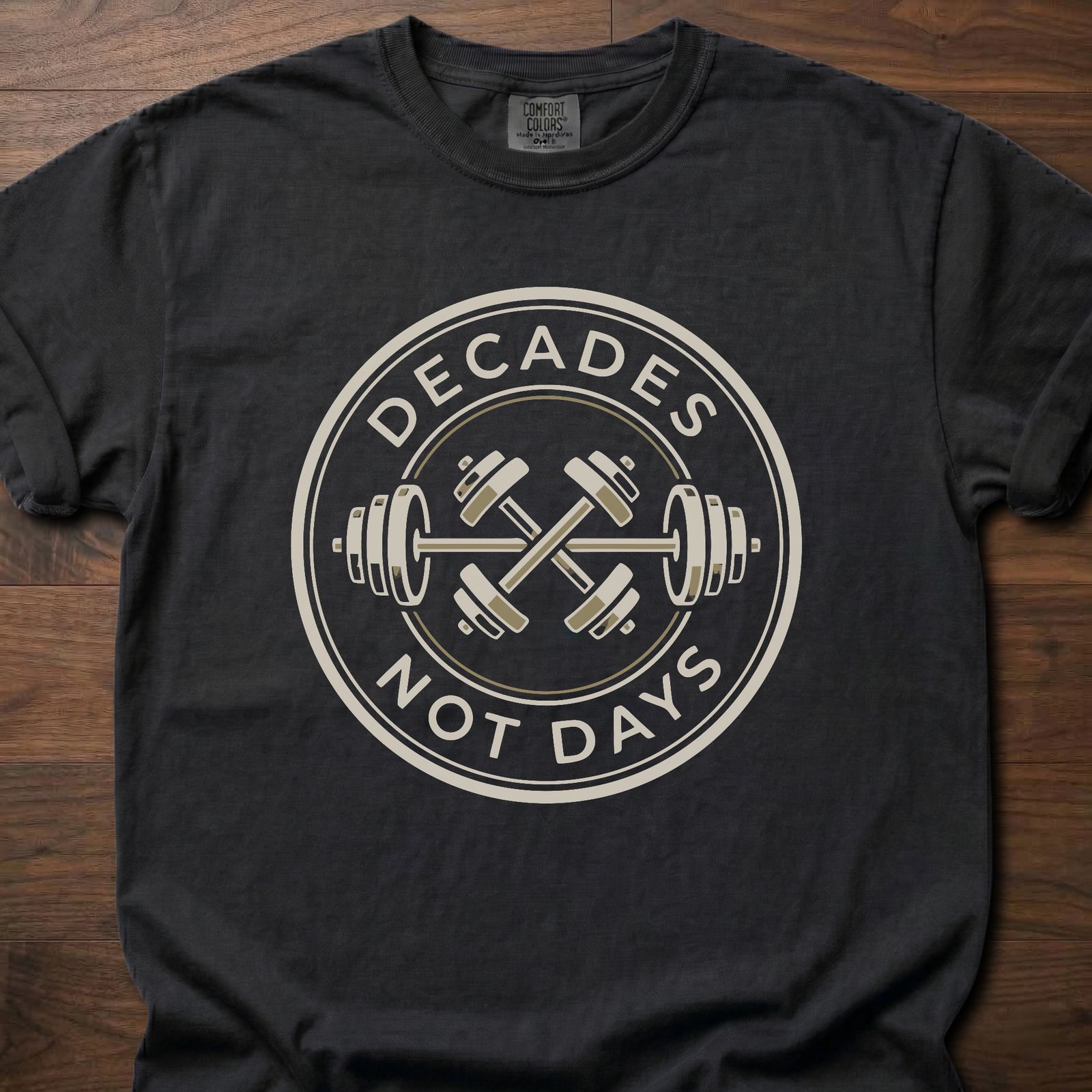Decades Not Days strength training lifestyle clothing with circular barbell and dumbbell design – Black