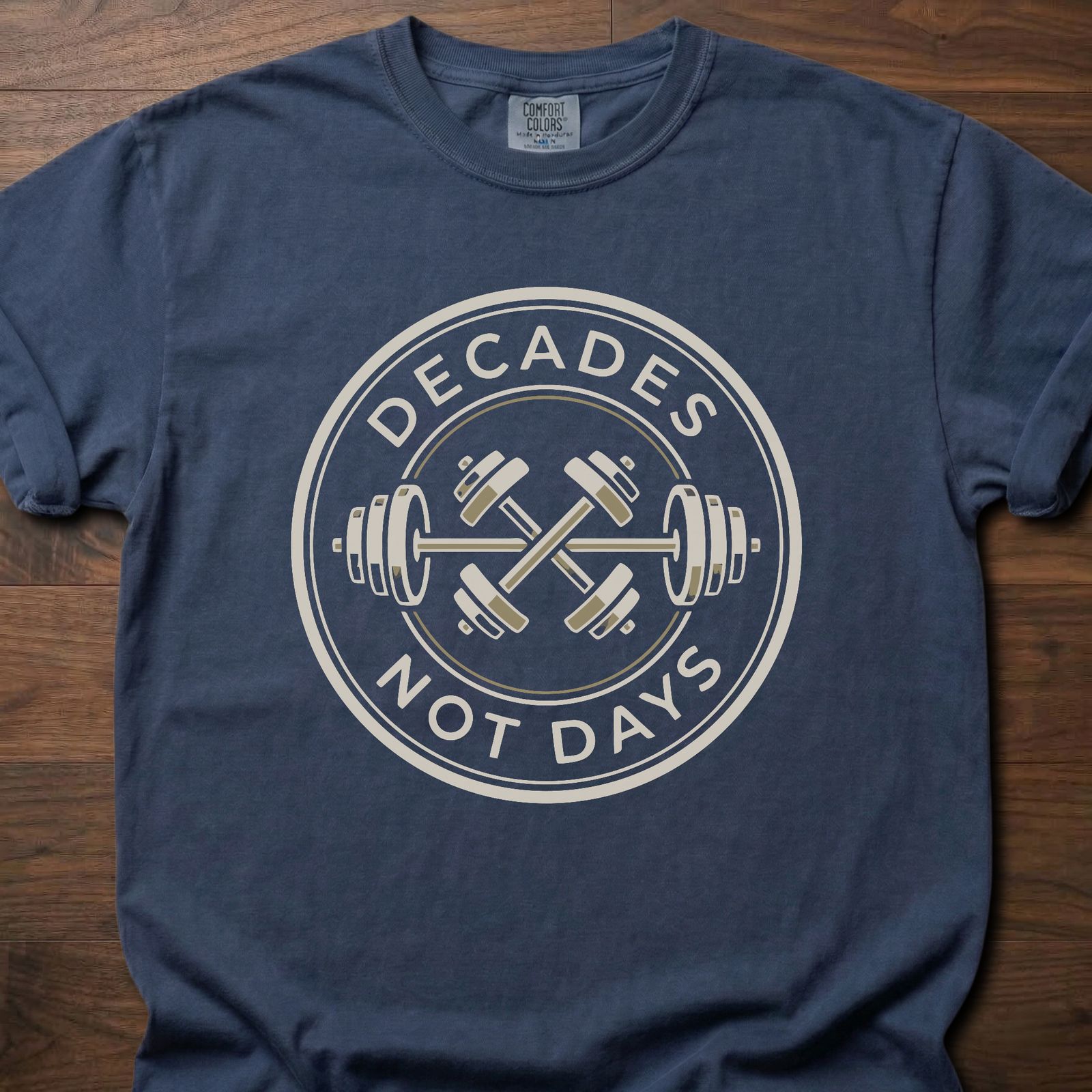 Decades Not Days strength training lifestyle clothing with circular barbell and dumbbell design – Navy