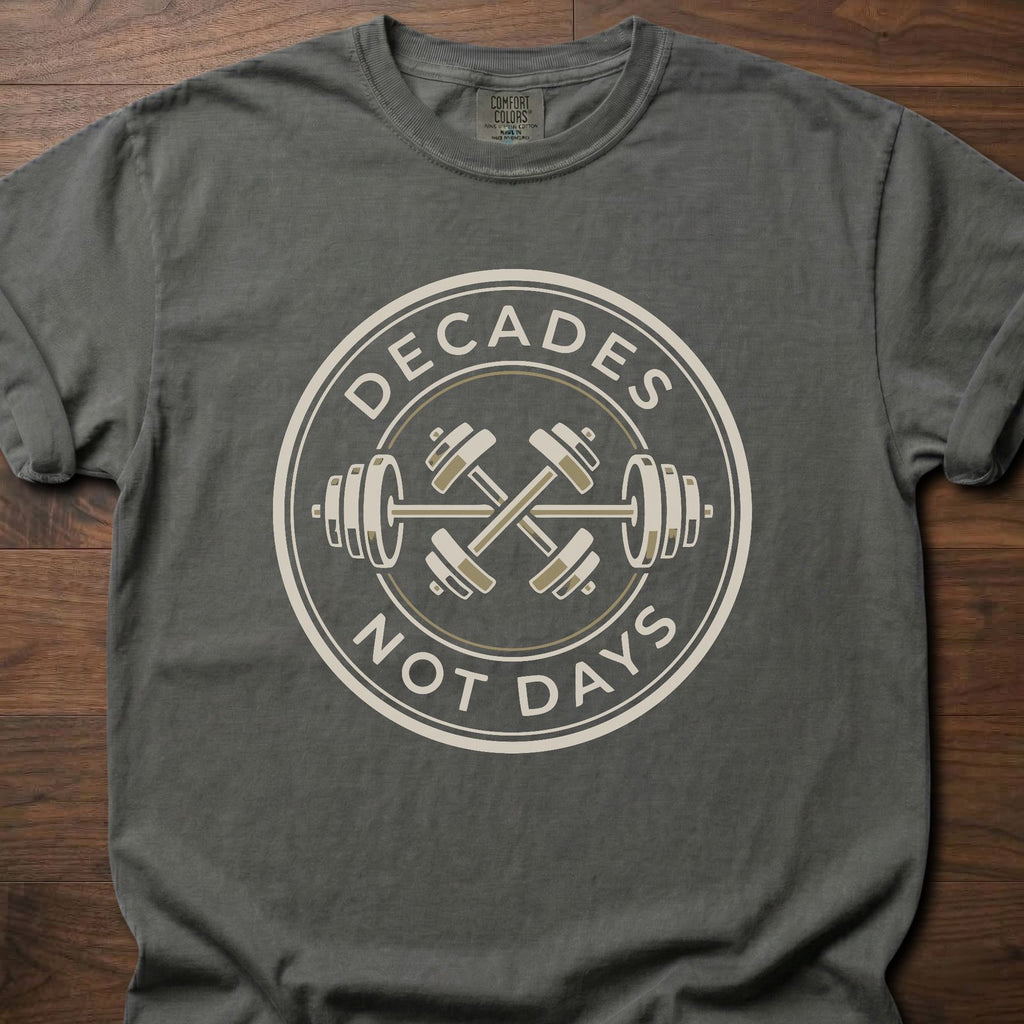 Decades Not Days strength training lifestyle clothing with circular barbell and dumbbell design – Pepper