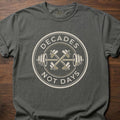Decades Not Days strength training lifestyle clothing with circular barbell and dumbbell design – Pepper