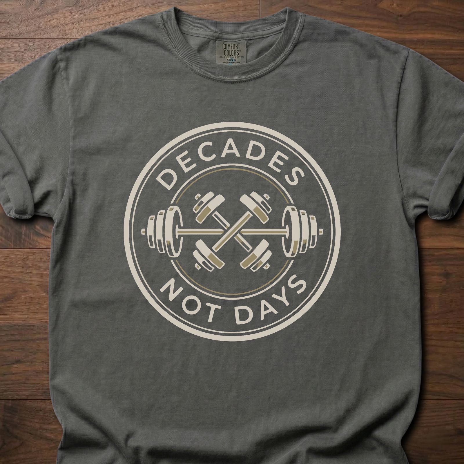 Decades Not Days strength training lifestyle clothing with circular barbell and dumbbell design – Pepper