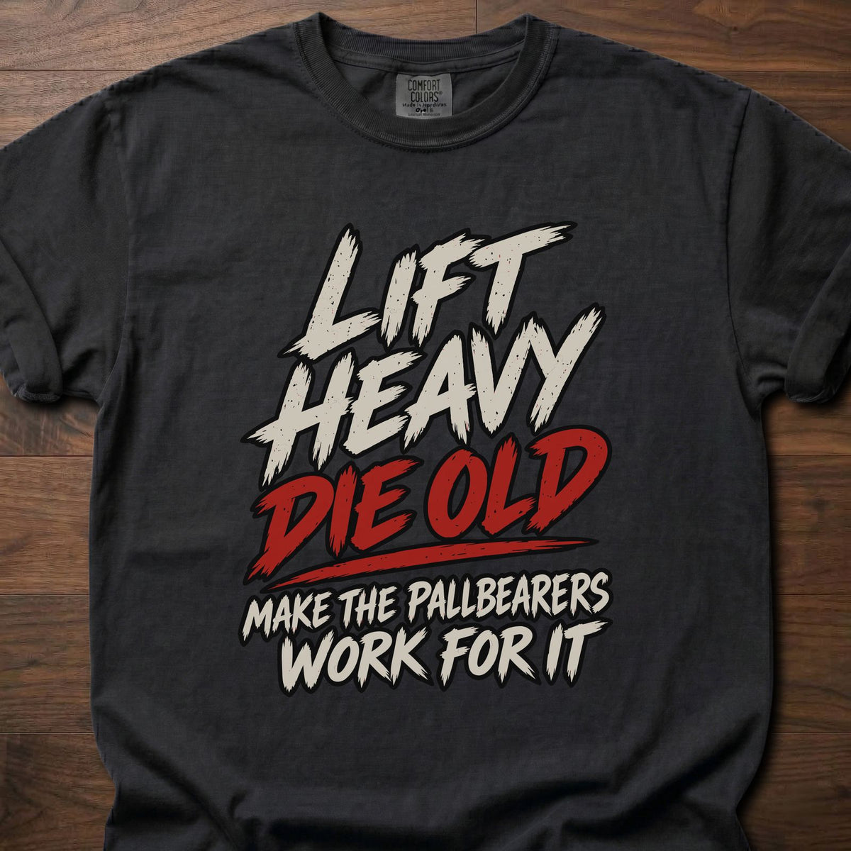 Die Old funny gym shirt with bold distressed brush-letter graphic – Black