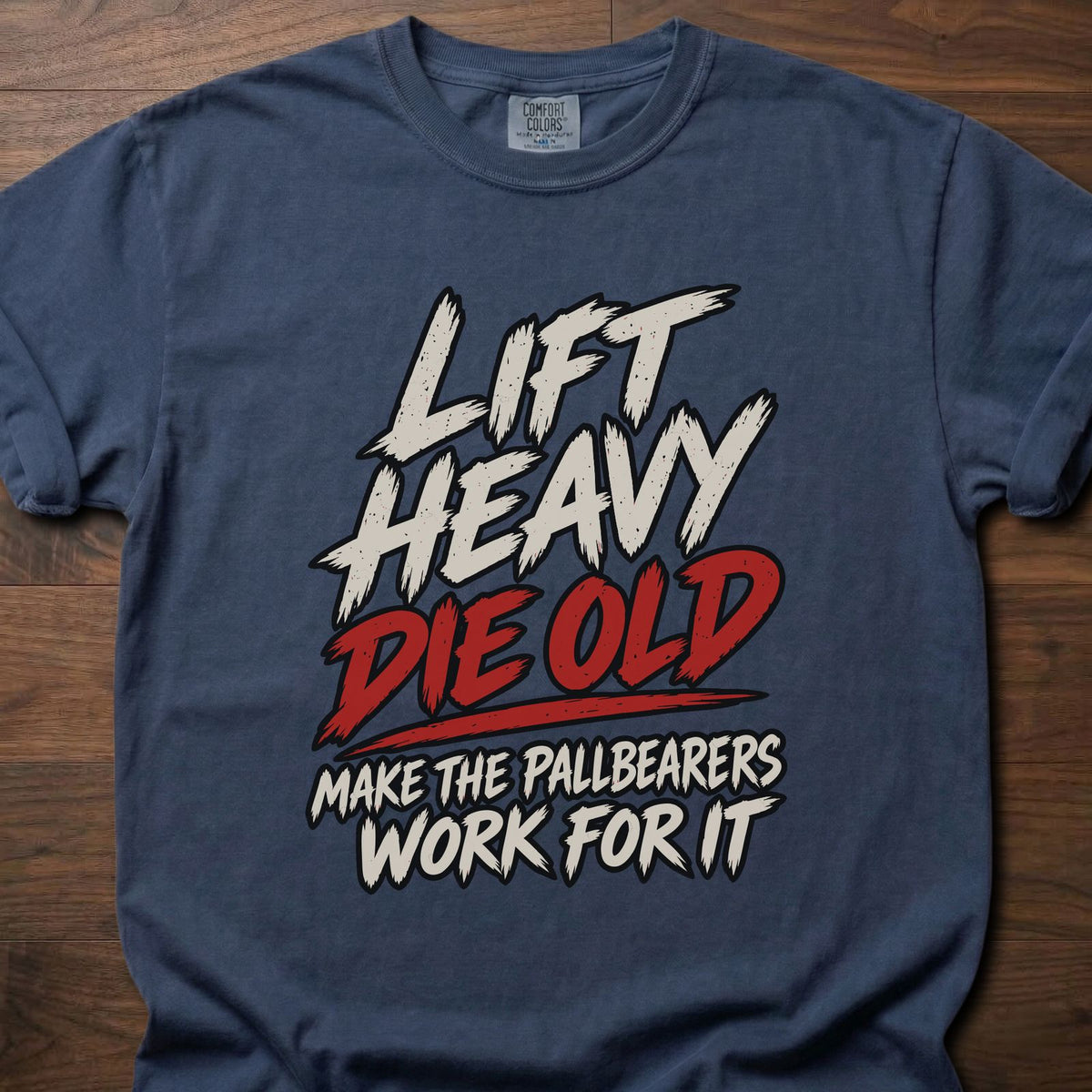 Die Old funny gym shirt with bold distressed brush-letter graphic – Navy
