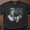 Discipline Beats Motivation strength training lifestyle clothing featuring stoic philosopher with dumbbell – Black