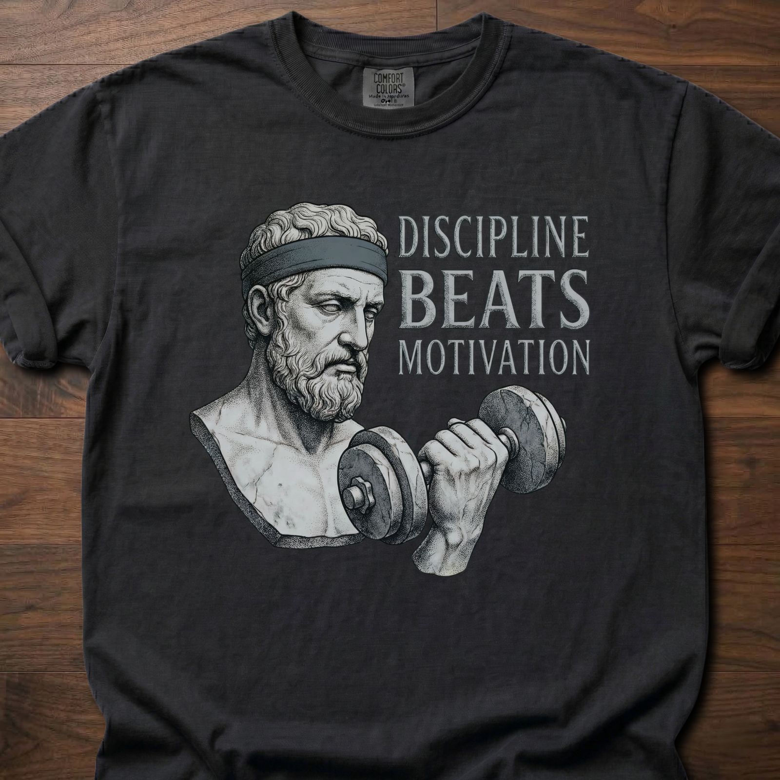 Discipline Beats Motivation strength training lifestyle clothing featuring stoic philosopher with dumbbell – Black