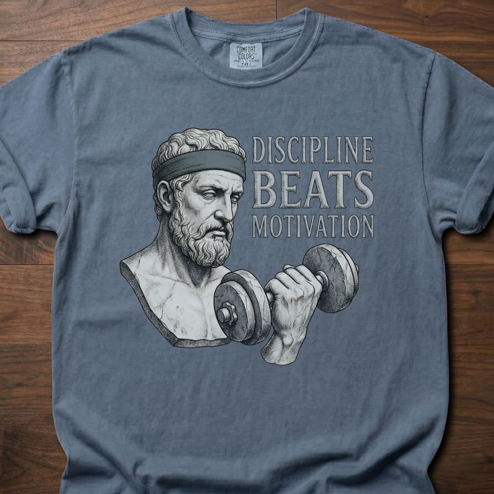 Discipline Beats Motivation strength training lifestyle clothing featuring stoic philosopher with dumbbell – Blue Jean