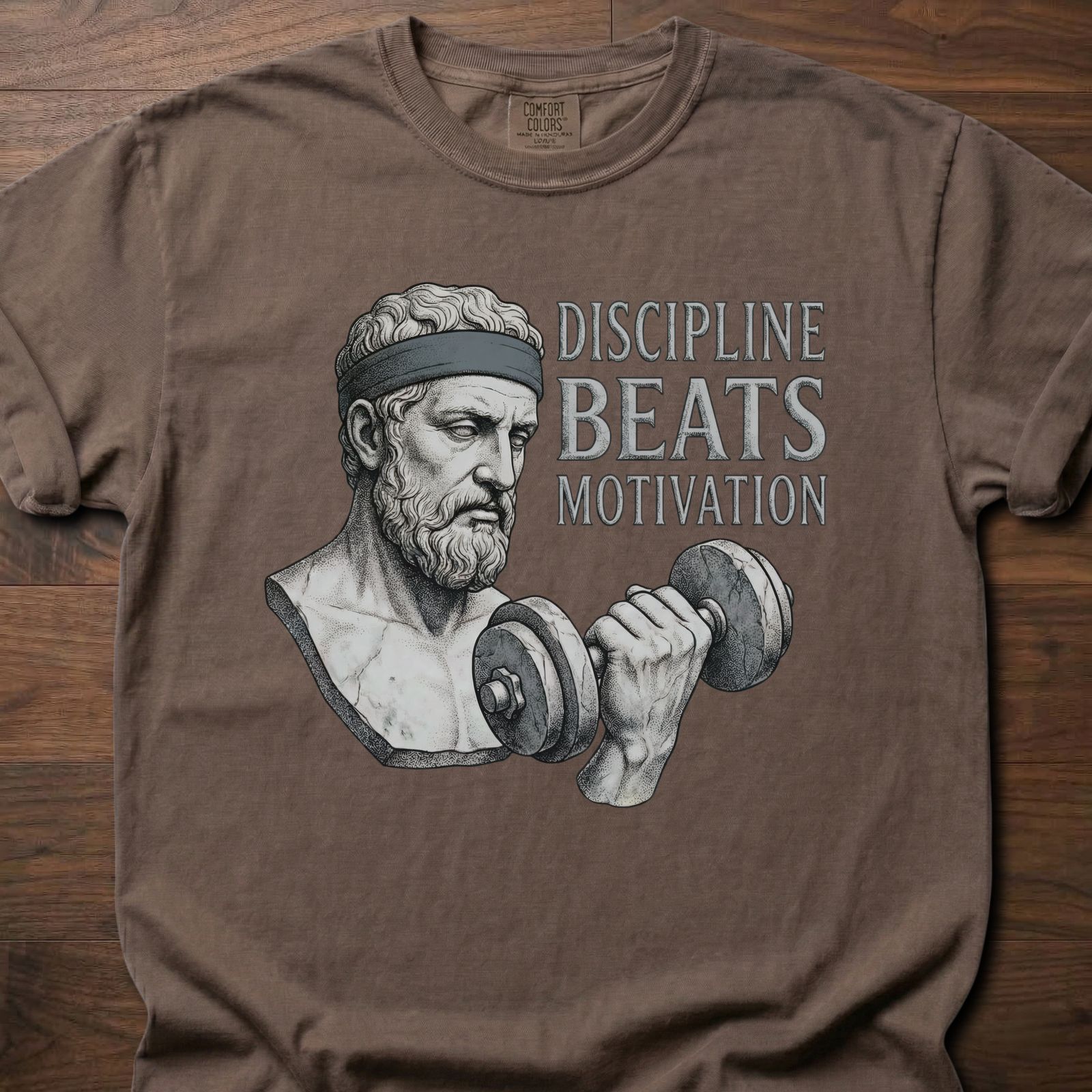 Discipline Beats Motivation strength training lifestyle clothing featuring stoic philosopher with dumbbell – Espresso