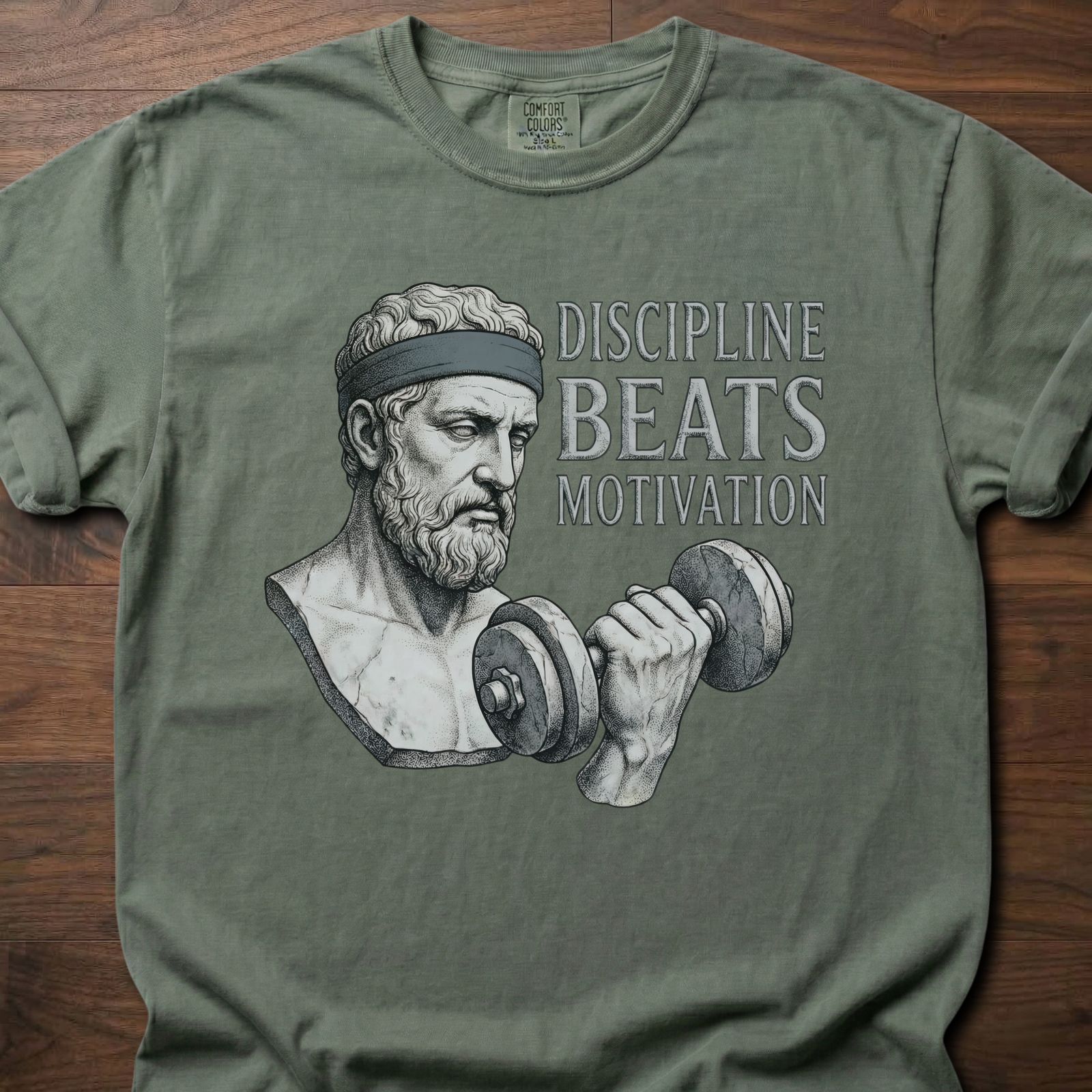Discipline Beats Motivation strength training lifestyle clothing featuring stoic philosopher with dumbbell – Moss