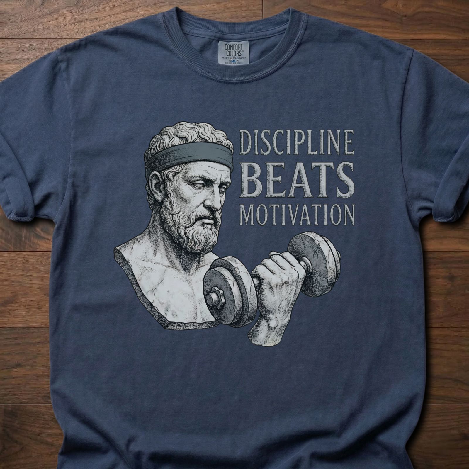 Discipline Beats Motivation strength training lifestyle clothing featuring stoic philosopher with dumbbell – Navy