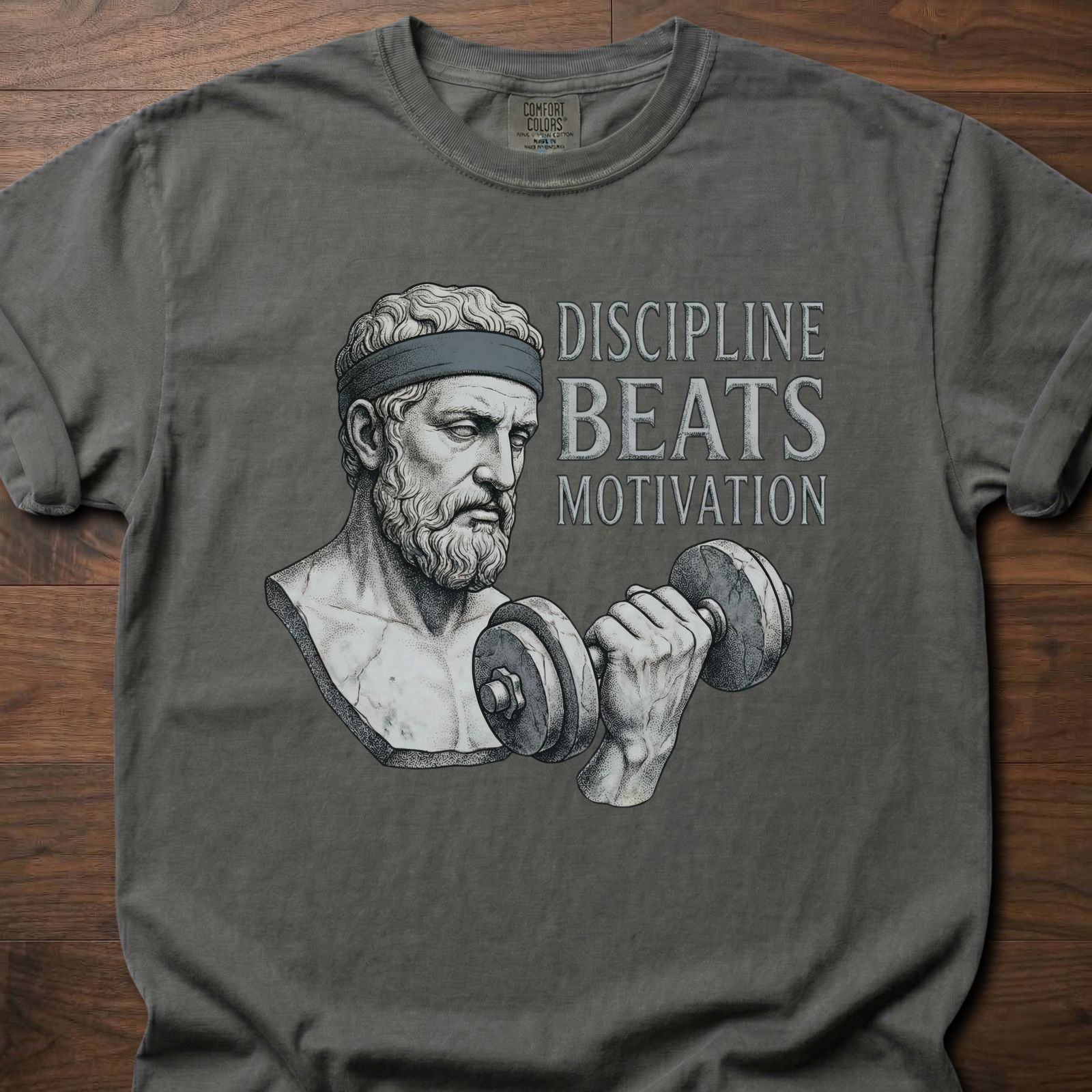 Discipline Beats Motivation strength training lifestyle clothing featuring stoic philosopher with dumbbell – Pepper