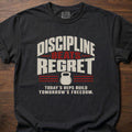 Discipline Beats Regret strength training t-shirt with bold retro block letter graphic – Black
