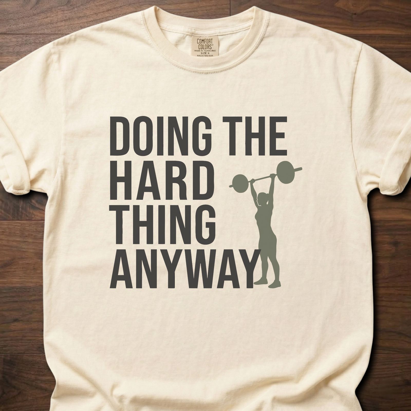 Doing The Hard Thing Anyway fitness lifestyle t shirt with weightlifter silhouette graphic – Ivory