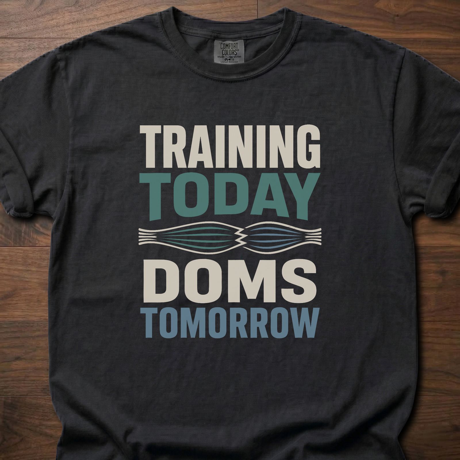 DOMS Tomorrow strength training t-shirt with muscle fiber graphic and bold workout slogan – Black